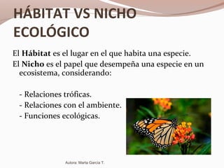 HÁBITAT VS NICHO
ECOLÓGICO
El Hábitat es el lugar en el que habita una especie.
El Nicho es el papel que desempeña una especie en un
ecosistema, considerando:
- Relaciones tróficas.
- Relaciones con el ambiente.
- Funciones ecológicas.
Autora: Marta García T.
 