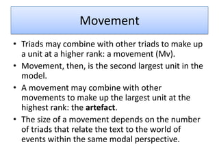 Movement
• Triads may combine with other triads to make up
  a unit at a higher rank: a movement (Mv).
• Movement, then, is the second largest unit in the
  model.
• A movement may combine with other
  movements to make up the largest unit at the
  highest rank: the artefact.
• The size of a movement depends on the number
  of triads that relate the text to the world of
  events within the same modal perspective.
 
