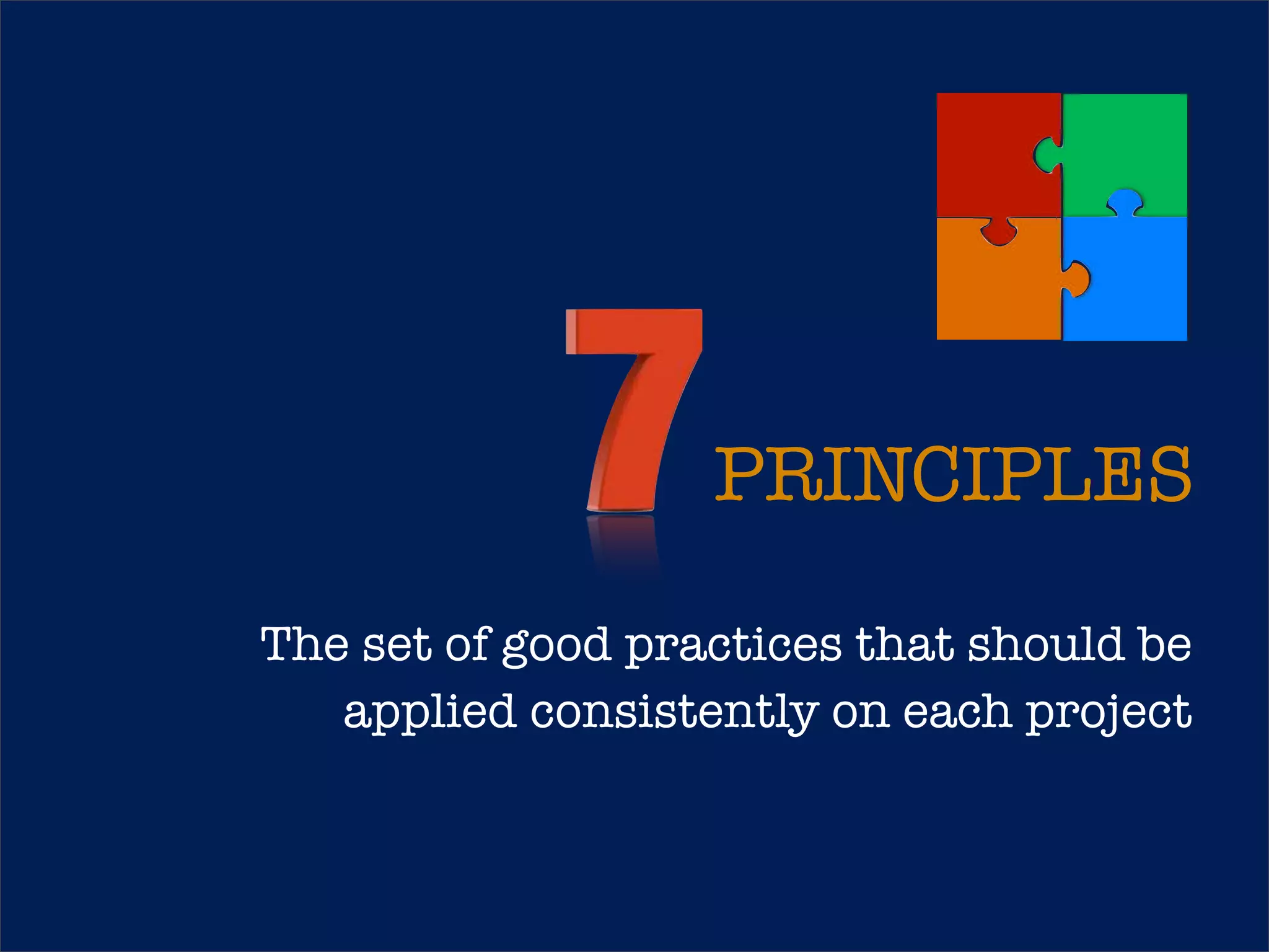 Principles
Continued business justification
Learn from experience
Defined roles and responsibilities
Manage by stages

PRINCIPLES

Manage by exception

The set
Focus on products of

good practices that should be
applied environment
consistently on each project
T
ailor to suit the project

www.projectingIT.com

14

The structure of PRINCE2

 