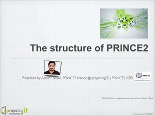 The structure of PRINCE2
Presented by Ashish Dhoke, PRINCE2 trainer @ projectingIT, a PRINCE2 ATO

PRINCE2® is a registered trade mark of the Cabinet Office

www.projectingIT.com

The structure of PRINCE2

 