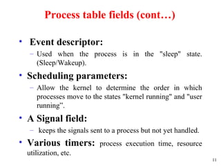 11
Process table fields (cont…)
• Event descriptor:
– Used when the process is in the "sleep" state.
(Sleep/Wakeup).
• Scheduling parameters:
– Allow the kernel to determine the order in which
processes move to the states "kernel running" and "user
running”.
• A Signal field:
– keeps the signals sent to a process but not yet handled.
• Various timers: process execution time, resource
utilization, etc.
 