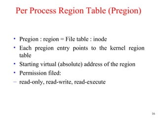 16
Per Process Region Table (Pregion)
• Pregion : region = File table : inode
• Each pregion entry points to the kernel region
table
• Starting virtual (absolute) address of the region
• Permission filed:
– read-only, read-write, read-execute
 