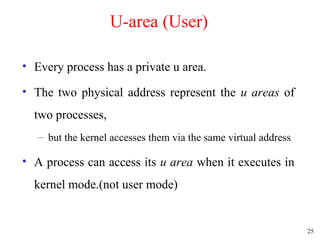25
U-area (User)
• Every process has a private u area.
• The two physical address represent the u areas of
two processes,
– but the kernel accesses them via the same virtual address
• A process can access its u area when it executes in
kernel mode.(not user mode)
 