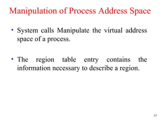 37
Manipulation of Process Address Space
• System calls Manipulate the virtual address
space of a process.
• The region table entry contains the
information necessary to describe a region.
 