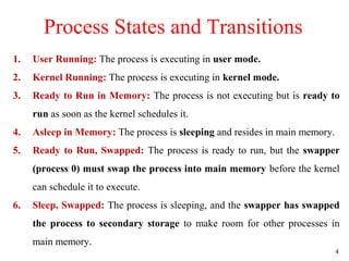 4
1. User Running: The process is executing in user mode.
2. Kernel Running: The process is executing in kernel mode.
3. Ready to Run in Memory: The process is not executing but is ready to
run as soon as the kernel schedules it.
4. Asleep in Memory: The process is sleeping and resides in main memory.
5. Ready to Run, Swapped: The process is ready to run, but the swapper
(process 0) must swap the process into main memory before the kernel
can schedule it to execute.
6. Sleep, Swapped: The process is sleeping, and the swapper has swapped
the process to secondary storage to make room for other processes in
main memory.
Process States and Transitions
 