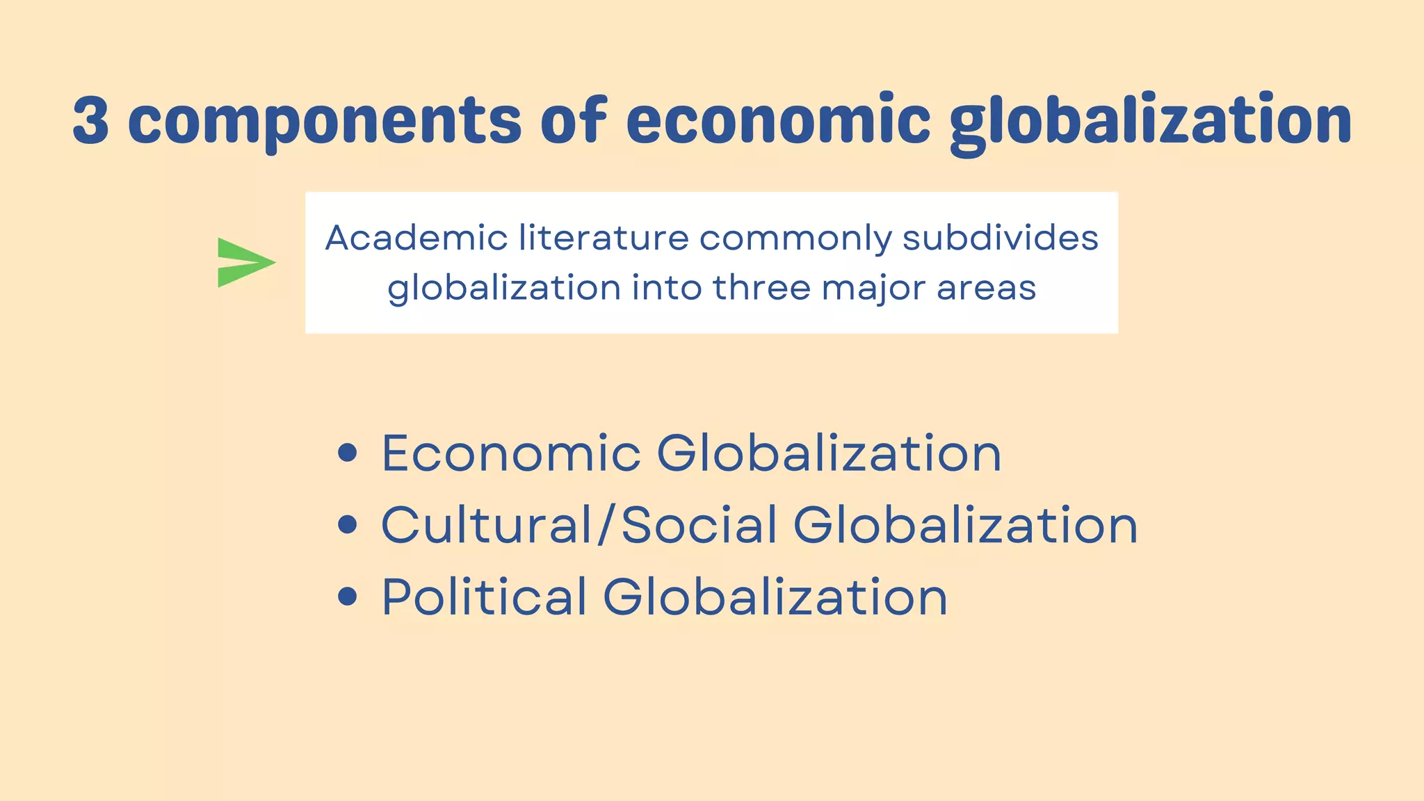 3 components of economic globalization
Academic literature commonly subdivides
globalization into three major areas
Economic Globalization
Cultural/Social Globalization
Political Globalization
 