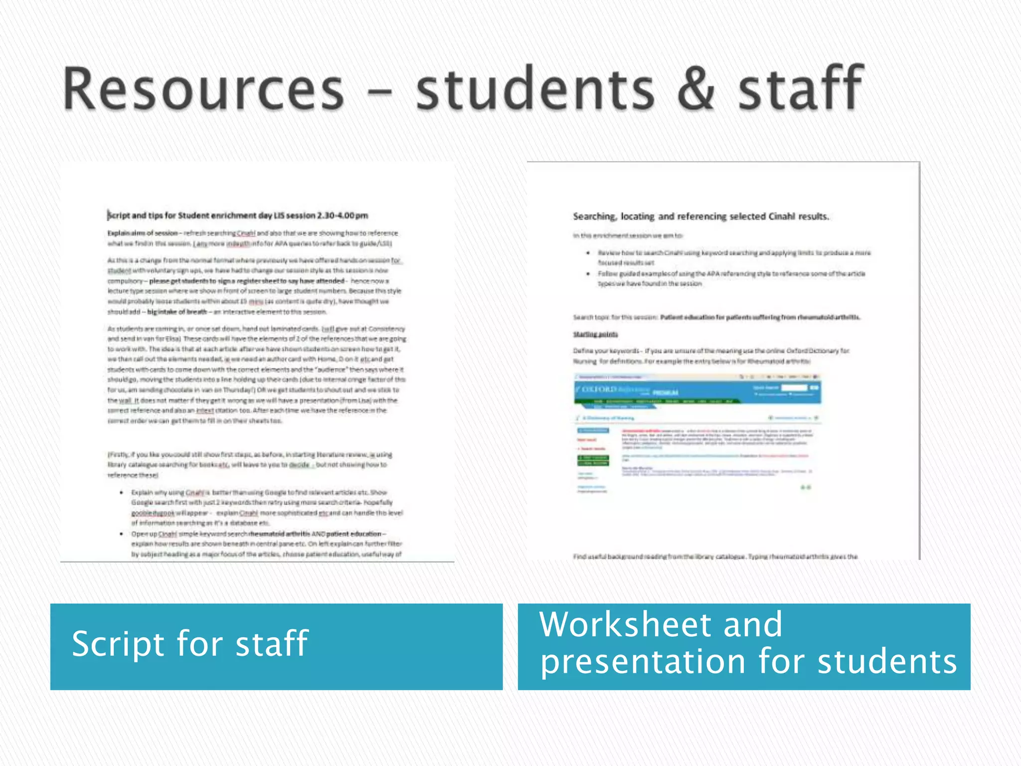 Resources – students & staffScript for staffWorksheet and presentation for students