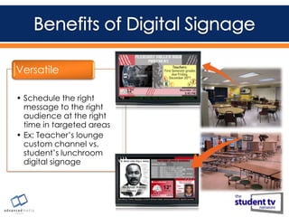 Versatile
• Schedule the right
message to the right
audience at the right
time in targeted areas
• Ex: Teacher’s lounge
custom channel vs.
student’s lunchroom
digital signage

 