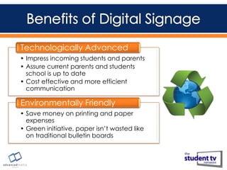 Technologically Advanced
• Impress incoming students and parents
• Assure current parents and students
school is up to date
• Cost effective and more efficient
communication

Environmentally Friendly
• Save money on printing and paper
expenses
• Green initiative, paper isn’t wasted like
on traditional bulletin boards

 