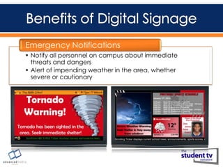 Emergency Notifications
• Notify all personnel on campus about immediate
threats and dangers
• Alert of impending weather in the area, whether
severe or cautionary

 
