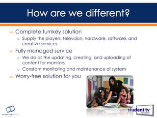 

Complete turnkey solution
o Supply the players, television, hardware, software, and

creative services



Fully managed service
o We do all the updating, creating, and uploading of

content for monitors
o Constant monitoring and maintenance of system


Worry-free solution for you

 