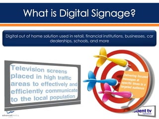 Digital out of home solution used in retail, financial institutions, businesses, car
dealerships, schools, and more

 