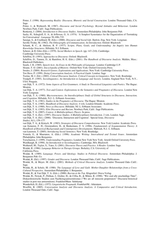 Potter, J. (1996). Representing Reality: Discourse, Rhetoric and Social Construction. London Thousand Oaks, CA: 
Sage. 
Potter, J., & Wetherell, M. (1987). Discourse and Social Psychology. Beyond Attitudes and Behaviour. London 
Newbury Park, Calif.: Sage Publications. 
Renkema, J. (2004). Introduction to Discourse Studies. Amsterdam Philadelphia: John Benjamins Pub. 
Sacks, H., Schegloff, E. A., & Jefferson, G. A. (1974). ‘A Simplest Systematics for the Organization of Turntaking 
for Conversation’. Language 50, 696–735. 
Sarangi, S., & Coulthard, M. (Eds.). (2000). Discourse and Social Life. Harlow, Eng. New York: Longman. 
Saville-Troike, M. (1982). The Ethnography of Communication. An Introduction. Oxford: Blackwell. 
Schank, R. C., & Abelson, R. P. (1977). Scripts, Plans, Goals, and Understanding: An Inquiry into Human 
Knowledge Structures. Hillsdale, N.J. Erlbaum. 
Scherer, & H. Giles (Eds.). (1979). Social Markers in Speech. (pp. 147–210). Cambridge: 
Cambridge University Press. 
Schiffrin, D. (1993). Approaches to Discourse. Oxford: Blackwell. 
Schiffrin, D., Tannen, D., & Hamilton, H. E. (Eds.). (2001). The Handbook of Discourse Analysis. Malden, Mass.: 
Blackwell Publishers. 
Searle, J. R. (1969). Speech Acts: An Essay in the Philosophy of Language. London: Cambridge U.P. 
Sloane, T. O. (2001). Encyclopedia of Rhetoric. Oxford New York: Oxford University Press. 
Swales, J. (2004). Research Genres. Explorations and Applications. New York: Cambridge University Press. 
Ten Have, P. (1999). Doing Conversation Analysis. A Practical Guide. London: Sage 
Toolan, M. J. (Ed.). (2002). Critical Discourse Analysis. Critical Concepts in Linguistics. New York: Routledge. 
Trudgill, P. (1995). Sociolinguistics. An Introduction to Language and Society. London, England New York, N.Y., 
USA: Penguin. 
van Dijk, T. A. (1972). Some Aspects of Text Grammars. A Study in Theoretical Linguistics and Poetics. The Hague: 
Mouton. 
van Dijk, T. A. (1977). Text and Context. Explorations in the Semantics and Pragmatics of Discourse. London New 
York: Longman. 
van Dijk, T. A. (1980). Macrostructures: An Interdisciplinary Study of Global Structures in Discourse, Interaction, 
and Cognition. Hillsdale, N.J.: L. Erlbaum Associates. 
van Dijk, T. A. (1981). Studies in the Pragmatics of Discourse. The Hague: Mouton. 
van Dijk, T. A. (1985). Handbook of Discourse Analysis. 4 vols. London Orlando: Academic Press. 
van Dijk, T. A. (1988). News as Discourse. Hillsdale, NJ: L. Erlbaum Associates. 
van Dijk, T. A. (1993). Elite Discourse and Racism. Newbury Park, Calif.: Sage Publications. 
van Dijk, T. A. (2007). Context. A Multidisciplinary Theory. In press. 
van Dijk, T. A. (Ed.). (1997). Discourse Studies. A Multidisciplinary Introduction. 2 vols. London: Sage. 
van Dijk, T. A. (Ed.). (2006). ‘Discourse, Interaction and Cognition’. Special Issue, Discourse 
Studies, 8(1), 159–177. 
van Dijk, T. A., & Kintsch, W. (1983). Strategies of Discourse Comprehension. New York London: Academic Press. 
van Eemeren, F. H., Grootendorst, R., & Henkemans, F. S. (1996). Fundamentals of Argumentation Theory: A 
Handbook of Historical Backgrounds and Contemporary Developments. Mahwah, N.J.: L. Erlbaum. 
van Leeuwen, T. (2005). Introducing Social Semiotics. New York: Routledge. 
Ventola, E., & Mauranen, A. (Eds.). (1996). Academic Writing: Intercultural and Textual Issues. Amsterdam 
Philadelphia: John Benjamins. 
Verschueren, J. (1999). Understanding Pragmatics. London New York New York: Arnold Oxford University Press. 
Wardhaugh, R. (1998). An Introduction to Sociolinguistics. Cambridge, MA: Blackwell. 
Wetherell, M., Taylor, S., Yates, S. (2001). Discourse Theory and Practice. A Reader. London: Sage. 
Wodak, R. (1986). Language Behavior in Therapy Groups. Berkeley, CA: University of 
California Press. 
Wodak, R. (1989). Language, Power, and Ideology. Studies in Political Discourse. Amsterdam Philadelphia: J. 
Benjamins Pub. Co. 
Wodak, R. (Ed.). (1997). Gender and Discourse. London Thousand Oaks, Calif.: Sage Publications. 
Wodak, R., & Meyer, M. (Eds.). (2001). Methods of Critical Discourse Analysis. London Thousand Oaks Calif.: 
Sage. 
Wodak, R., & Schulz, M. (1986). The Language of Love and Guilt. Mother-Daughter Relationships from a Cross- 
Cultural Perspective. Amsterdam Philadelphia: J. Benjamins. 
Wodak, R., & Van Dijk, T. A. (Eds.). (2000). Racism at the Top. Klagenfurt: Drava Verlag. 
Wodak, R., Nowak, P., Pelikan, J., Gruber, H., de Cillia, R., & Mitten, R. (1990). “Wir sind alle unschuldige Täter”. 
Diskurshistorische Studien zum Nachkriegsantisemitismus (“We are all innocent perpetrators” Discourse-historical 
studies in post war antisemitism). Frankfurt/Main: Suhrkamp. 
Wunderlich, D. (Ed.). (1972). Linguistische Pragmatik. Frankfurt/M.: Athenäum. 
Wooffitt, R. (2005). Conversation Analysis and Discourse Analysis. A Comparative and Critical Introduction. 
London Thousand Oaks, Calif.: Sage. 
