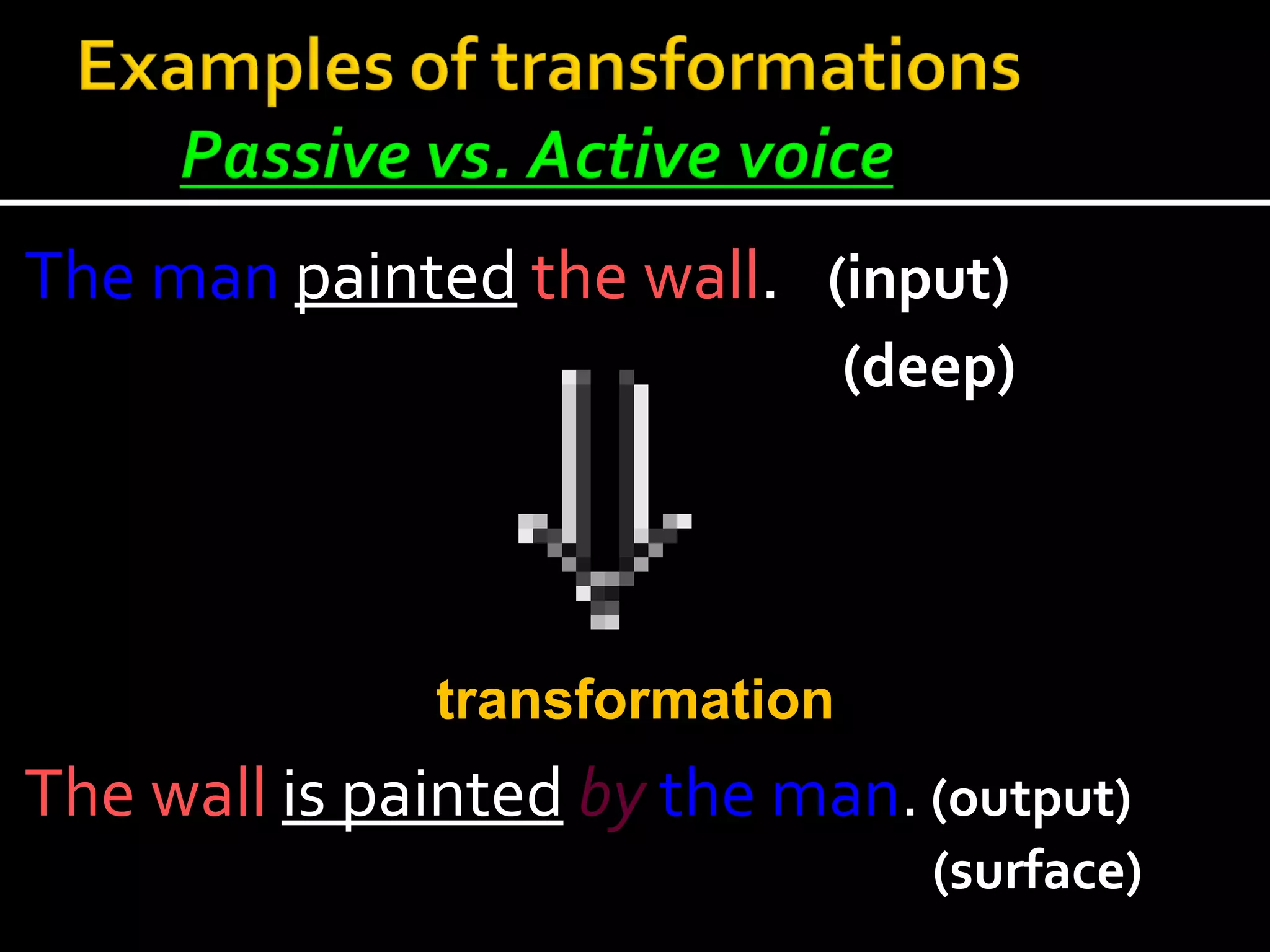 The man   painted   the wall .  (input)  (deep) The wall   is painted   by   the man .   (output)  (surface)  transformation 