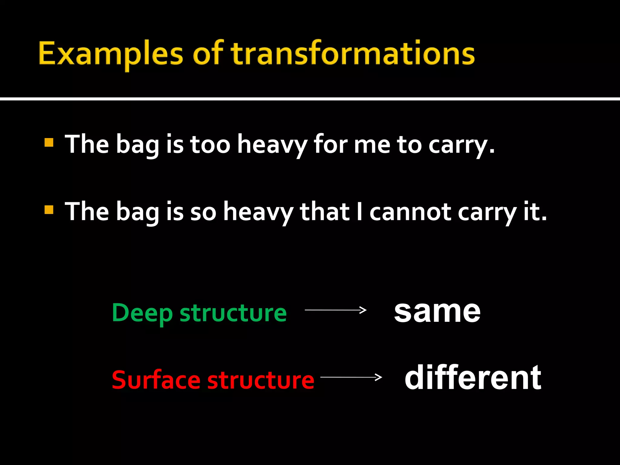 The bag is too heavy for me to carry. The bag is so heavy that I cannot carry it.  Deep structure Surface structure  same different 