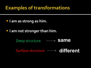 I am as strong as him.  I am not stronger than him.  Deep structure Surface structure  same different 