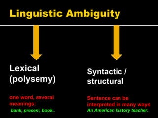 Lexical  (polysemy)  one word, several meanings: bank, present, book.. Syntactic / structural Sentence can be interpreted in many ways An American history teacher.  