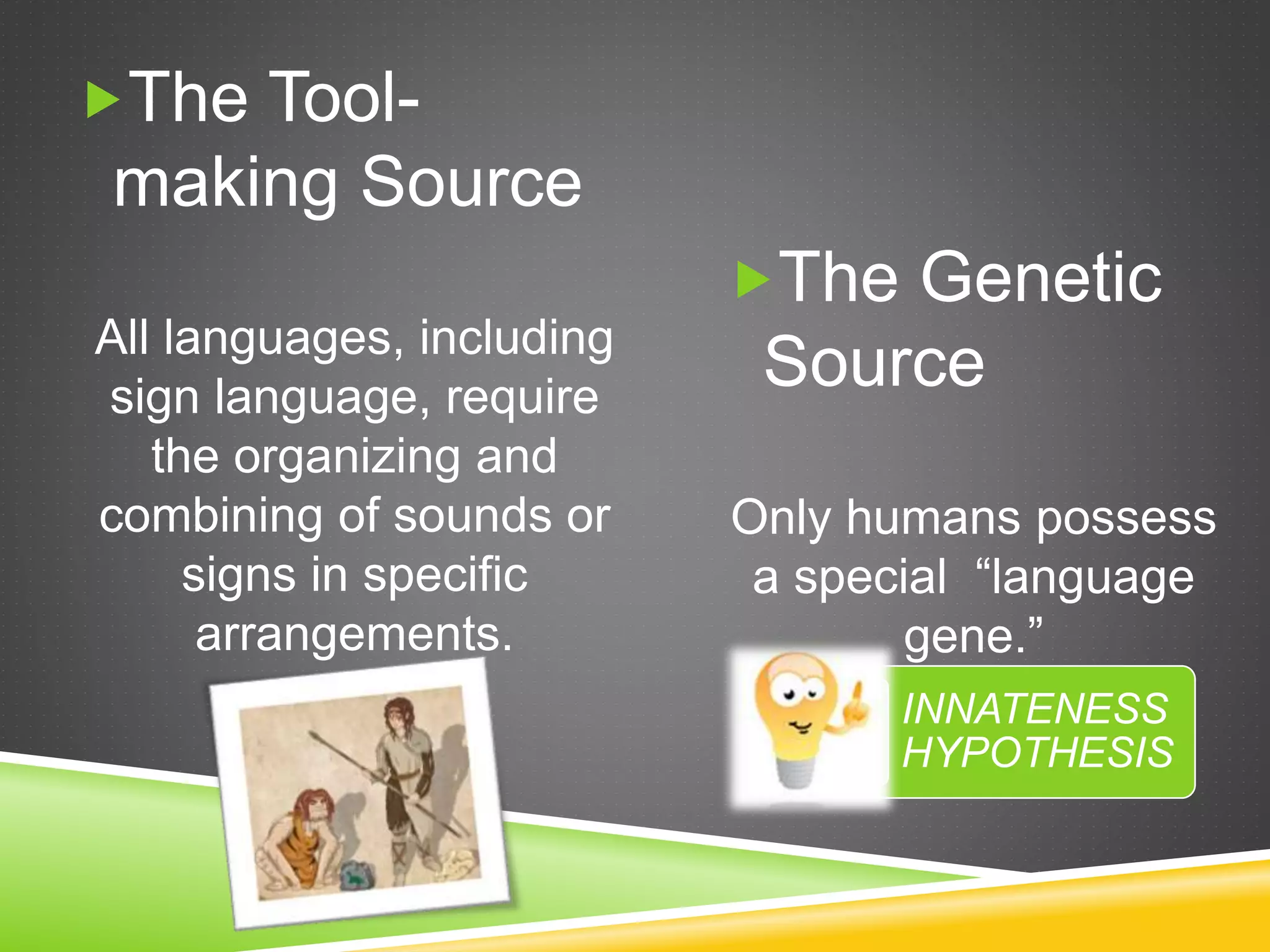 The Tool-
making Source
All languages, including
sign language, require
the organizing and
combining of sounds or
signs in specific
arrangements.
The Genetic
Source
Only humans possess
a special “language
gene.”
INNATENESS
HYPOTHESIS
 