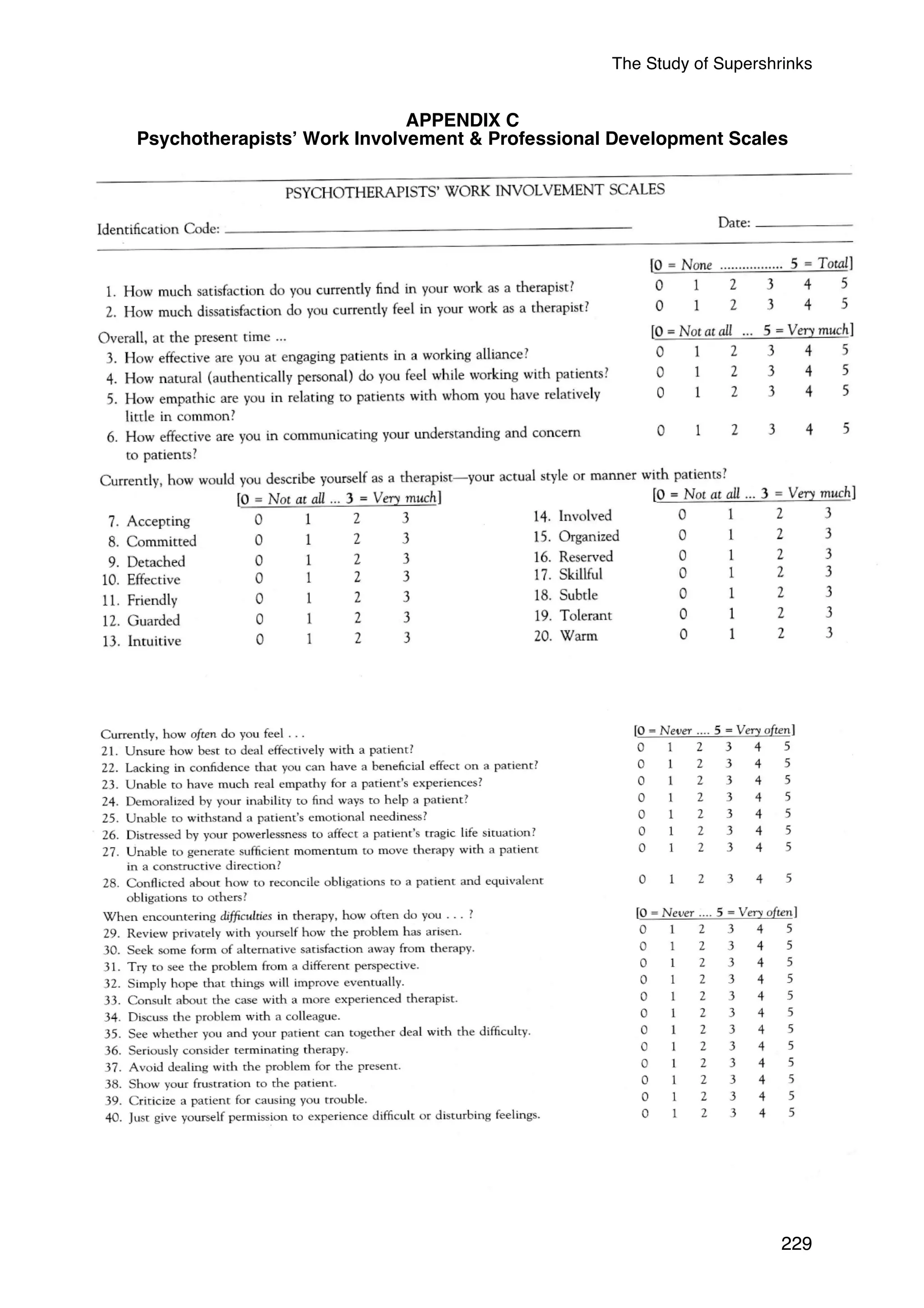 The Study of Supershrinks 
229 
APPENDIX C 
Psychotherapists’ Work Involvement  Professional Development Scales 
 