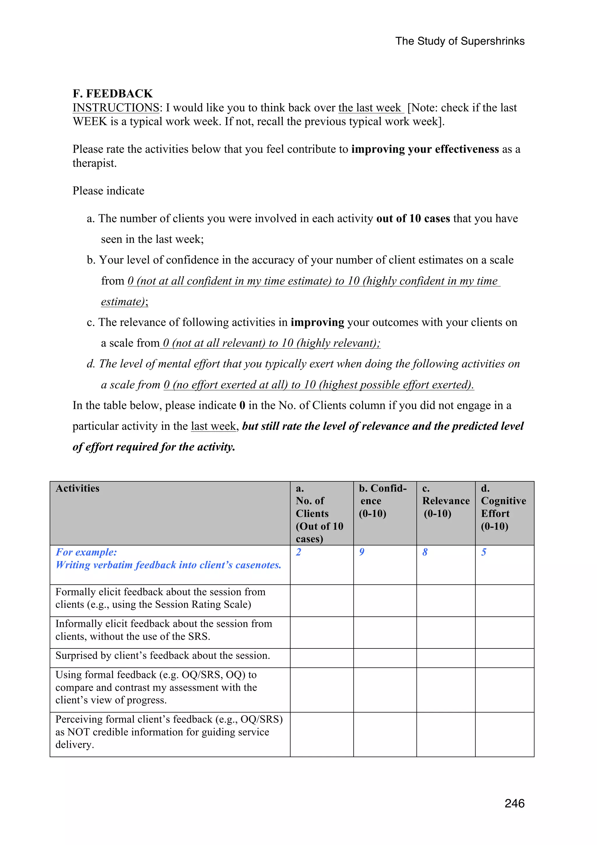 The Study of Supershrinks 
F. FEEDBACK 
INSTRUCTIONS: I would like you to think back over the last week [Note: check if the last 
WEEK is a typical work week. If not, recall the previous typical work week]. 
Please rate the activities below that you feel contribute to improving your effectiveness as a 
therapist. 
Please indicate 
a. The number of clients you were involved in each activity out of 10 cases that you have 
seen in the last week; 
b. Your level of confidence in the accuracy of your number of client estimates on a scale 
from 0 (not at all confident in my time estimate) to 10 (highly confident in my time 
estimate); 
c. The relevance of following activities in improving your outcomes with your clients on 
a scale from 0 (not at all relevant) to 10 (highly relevant); 
d. The level of mental effort that you typically exert when doing the following activities on 
a scale from 0 (no effort exerted at all) to 10 (highest possible effort exerted). 
In the table below, please indicate 0 in the No. of Clients column if you did not engage in a 
particular activity in the last week, but still rate the level of relevance and the predicted level 
of effort required for the activity. 
246 
Activities a. 
No. of 
Clients 
(Out of 10 
cases) 
b. Confid-ence 
(0-10) 
c. 
Relevance 
(0-10) 
d. 
Cognitive 
Effort 
(0-10) 
For example: 
Writing verbatim feedback into client’s casenotes. 
2 9 8 5 
Formally elicit feedback about the session from 
clients (e.g., using the Session Rating Scale) 
Informally elicit feedback about the session from 
clients, without the use of the SRS. 
Surprised by client’s feedback about the session. 
Using formal feedback (e.g. OQ/SRS, OQ) to 
compare and contrast my assessment with the 
client’s view of progress. 
Perceiving formal client’s feedback (e.g., OQ/SRS) 
as NOT credible information for guiding service 
delivery. 
 