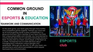 ESPORTS
club
As the years go by, your team goes through many battles
and competitive games together. Perhaps you have met
...