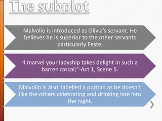 Malvolio is introduced as Olivia’s servant. He
believes he is superior to the other servants
particularly Feste.
“I

marvel your ladyship takes delight in such a
barren rascal;”-Act 1, Scene 5.

Malvolio is also labelled a puritan as he doesn’t
like the others celebrating and drinking late into
the night.

 
