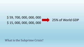 $ 59, 700, 000, 000, 000
$ 15, 000, 000, 000, 000
What is the Subprime Crisis?
25% of World GDP
 