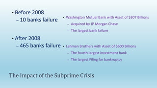 • Before 2008
– 10 banks failure
• After 2008
– 465 banks failure
The Impact of the Subprime Crisis
• Washington Mutual Bank with Asset of $307 Billions
– Acquired by JP Morgan Chase
– The largest bank failure
• Lehman Brothers with Asset of $600 Billions
– The fourth largest investment bank
– The largest Filing for bankruptcy
 