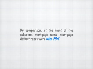 By comparison, at the hight of the subprime mortgage mess, mortgage default rates were  only 25% . 