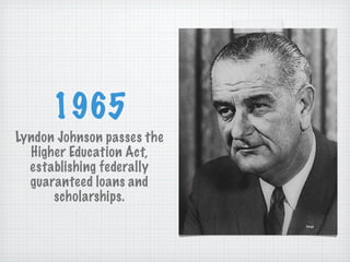 1965 Lyndon Johnson passes the Higher Education Act, establishing federally guaranteed loans and scholarships. 