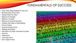 FUNDAMENTALS OF SUCCESS
• Take 100% Responsibility for Your Life
• Be Clear Why You’re Here
• Decide What You Want
• Believe It’s Possible
• Believe in Yourself
• Become an Inverse Paranoid
• Unleash the Power of Goal Setting
• Chunk It Down
• Success Leaves Clues
• Release the Brakes
• See What You Want, Get What You See
• Act As If
• Take Action
• Just Lean Into It
• Act in Spite of Fear
 