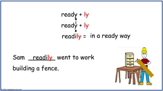3 Rules of Adding Suffix ly to Words: 1- slow to slowly, 2- happy to ...
