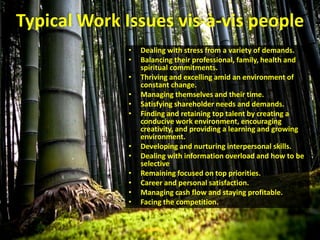 Typical Work Issues vis-à-vis people
• Dealing with stress from a variety of demands.
• Balancing their professional, family, health and
spiritual commitments.
• Thriving and excelling amid an environment of
constant change.
• Managing themselves and their time.
• Satisfying shareholder needs and demands.
• Finding and retaining top talent by creating a
conducive work environment, encouraging
creativity, and providing a learning and growing
environment.
• Developing and nurturing interpersonal skills.
• Dealing with information overload and how to be
selective
• Remaining focused on top priorities.
• Career and personal satisfaction.
• Managing cash flow and staying profitable.
• Facing the competition.
 