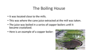 The Boiling House
• It was located close to the mills.
• This was where the cane juice extracted at the mill was taken.
• The juice was boiled in a series of copper boilers until it
became crystalized.
• Here is an example of a copper boiler:
 