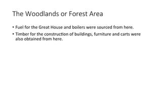 The Woodlands or Forest Area
• Fuel for the Great House and boilers were sourced from here.
• Timber for the construction of buildings, furniture and carts were
also obtained from here.
 
