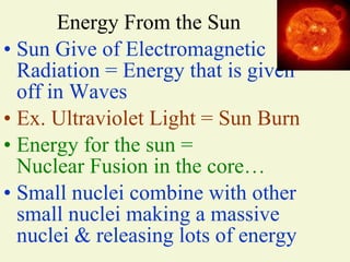 Energy From the Sun Sun Give of Electromagnetic Radiation = Energy that is given off in Waves Ex. Ultraviolet Light = Sun Burn Energy for the sun =  Nuclear Fusion in the core…   Small nuclei combine with other small nuclei making a massive nuclei & releasing lots of energy 