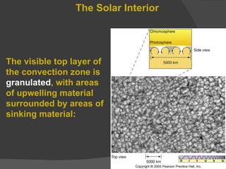 The Solar Interior The visible top layer of the convection zone is  granulated , with areas of upwelling material surrounded by areas of sinking material: 