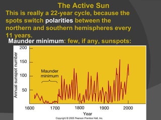 The Active Sun This is really a 22-year cycle, because the spots switch  polarities  between the northern and southern hemispheres every 11 years. Maunder minimum : few, if any, sunspots: 