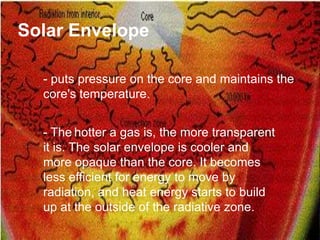 Solar Envelope

  - puts pressure on the core and maintains the
  core's temperature.


  - The hotter a gas is, the more transparent
  it is. The solar envelope is cooler and
  more opaque than the core. It becomes
  less efficient for energy to move by
  radiation, and heat energy starts to build
  up at the outside of the radiative zone.
 