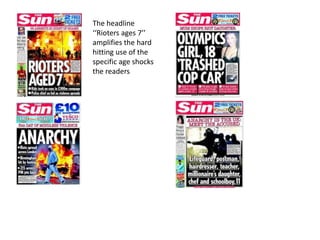 The headline
‘‘Rioters ages 7’’
amplifies the hard
hitting use of the
specific age shocks
the readers
 