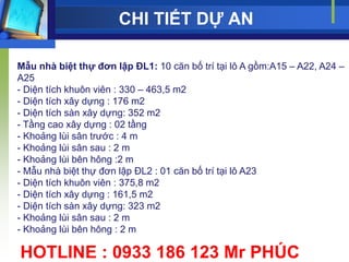 CHI TIẾT DỰ AN

Mẫu nhà biệt thự đơn lập ĐL1: 10 căn bố trí tại lô A gồm:A15 – A22, A24 –
A25
- Diện tích khuôn viên : 330 – 463,5 m2
- Diện tích xây dựng : 176 m2
- Diện tích sàn xây dựng: 352 m2
- Tầng cao xây dựng : 02 tầng
- Khoảng lùi sân trƣớc : 4 m
- Khoảng lùi sân sau : 2 m
- Khoảng lùi bên hông :2 m
- Mẫu nhà biệt thự đơn lập ĐL2 : 01 căn bố trí tại lô A23
- Diện tích khuôn viên : 375,8 m2
- Diện tích xây dựng : 161,5 m2
- Diện tích sàn xây dựng: 323 m2
- Khoảng lùi sân sau : 2 m
- Khoảng lùi bên hông : 2 m

HOTLINE : 0933 186 123 Mr PHÚC
 