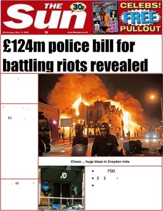 £124m police bill for
battling riots revealed

   -




          Chaos ... huge blaze in Croydon riots




                                      -
 