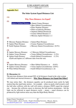IN THE ALMIGHTY GOD NAME
Through the Mother of God mediation
I do this research
Gerges Francis Tawadrous/
2nd
Course student – physics Faculty – People's Friendship University – Moscow –Russia..
mrwaheid1@yahoo.com mrwaheid@gmail.com +201022532292
87
Appendix No.1
The Solar System Equal Distances List
(A)
Why These Distances Are Equal?
(1)
Saturn Orbital Distance = Saturn Uranus Distance
= Mars Orbital Circumference
= Pluto Neptune Distance
= Pluto eccentricity Distance
= Neptune Orbital Distance/π
= Uranus Orbital Distance /2
= Mercury Jupiter Distance x 2
(2)
 Mercury Neptune Distance = Saturn Pluto Distance
 Jupiter Pluto Distance = Uranus Neptune Circumference
 Earth Neptune Distance = Mercury Saturn Circumference (0.5%)
(3)
 Jupiter Mercury Distance = 2 Mercury Orbital Circumference
 Jupiter Venus Distance = Venus Orbital Circumference (1.5%)
 Jupiter Earth Distance = Earth Orbital Circumference (1.2%)
(Earth and Jupiter at 2 different sides from the sun)
(4)
 Jupiter Mercury Distance = Mars Orbital Distance x π (0.6%)
 Jupiter Uranus Distance = Venus Jupiter Circumference (0.8%)
 Pluto Orbital Distance = Earth Orbital Circumference x 2π
II- Discussion (A)
The previous distances form around 50% of all distances found in the solar system
(All orbital and internal distances)… Why These Distances Are Equal One Other?
We may notice that – the distances equality can be produced more easily by light
motion than the rigid body motion - for example – when we push a ball toward a wall
the ball after collision with the wall will return a distance (NOT) equal the original
one - because the collision causes to decrease the ball motion momentum – but the
light can be reflected at equal distances easily – means – equal distances can be
produced by light motion more easy than the Rigid Body Motion.
 