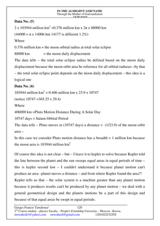 IN THE ALMIGHTY GOD NAME
Through the Mother of God mediation
I do this research
Gerges Francis Tawdrous/
2nd
Course student – physics Faculty – People's Friendship University – Moscow –Russia..
mrwaheid1@yahoo.com mrwaheid@gmail.com +201022532292
120
Data No. (5)
2 x 103944 million km2
=0.376 million km x 2π x 88000 km
(44000 = π x 14006 but 14177 is different 1.2%)
Where
0.376 million km = the moon orbital radius at total solar eclipse
88000 km = the moon daily displacement
The data tells – the total solar eclipse radius be defined based on the moon daily
displacement because the moon orbit area be reference for all orbital radiuses –by that
– the total solar eclipse point depends on the moon daily displacement – this idea is a
logical one
Data No. (6)
103944 million km2
= 0.406 million km x 23.9 x 10747
(notice 10747 =365.25 x 29.4)
Where
406000 km =Pluto Motion Distance During A Solar Day
10747 days = Saturn Orbital Period
The data tells – Pluto moves in (10747 days) a distance = (1/23.9) of the moon orbit
area –
In this case we consider Pluto motion distance has a breadth = 1 million km because
the moon area is 103944 million km2
Of course this idea is not clear – but – I leave it to kepler to solve because Kepler told
the line between the planet and the sun sweeps equal areas in equal periods of time –
this is kepler second law – I couldn't understand it because planet motion can't
produce an area –planet moves a distance – and from where Kepler found the area?!
Kepler tells us that – the solar system is a machine greater than any planet motion
because it produces results can't be produced by any planet motion – we deal with a
general geometrical design and the planets motions be a part of this design and
because of that equal areas be swept in equal periods.
 