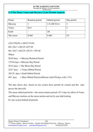 IN THE ALMIGHTY GOD NAME
Through the Mother of God mediation
I do this research
Gerges Francis Tawdrous/
2nd
Course student – physics Faculty – People's Friendship University – Moscow –Russia..
mrwaheid1@yahoo.com mrwaheid@gmail.com +201022532292
146
C-5 The Moon, Venus and Mercury Cycles Periods Analysis
Planet Rotation period Orbital period Day period
Mercury 1 1.5 (2Π/ Π+1) 3
Venus Π+1 2
Earth - 2Π -
The moon 0.465 0.465 0.5
(224.7/58.65) = (687/175.94)
88+ 224.7 +365.25 =677.95
88+ 224.7 +365.25 +29.53 = 707.48
Where
58.65 days = Mercury Rotation Period
175.94 days = Mercury Day Period
29.53 days = The Moon Day Period
224.7 days = Venus Orbtial Period
365.25 days = Earth Orbtial Period
687 days = Mars Orbtial Period (different with 678 days with 1.3%)
The data shows that –based on one system these periods be created and this data
proves the idea tells
The moon orbtial period be = the moon rotation period =27.3 days by effect of Venus
and Mercury motions on the moon motion and not by any tidal locking
It's one system behind all periods.
 