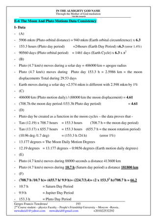 IN THE ALMIGHTY GOD NAME
Through the Mother of God mediation
I do this research
Gerges Francis Tawdrous/
2nd
Course student – physics Faculty – People's Friendship University – Moscow –Russia..
mrwaheid1@yahoo.com mrwaheid@gmail.com +201022532292
193
E-6 The Moon And Pluto Motions Data Consistency
I- Data
- (A)
- 5906 mkm (Pluto orbital distance) = 940 mkm (Earth orbital circumference) x 6.3
- 153.3 hours (Pluto day period) =24hours (Earth Day Period) x6.3 (error 1.4%)
- 90560 days (Pluto orbital period) = 1461 days (Earth Cycle) x 6.3 x π2
- (B)
- Pluto (4.7 km/s) moves during a solar day = 406000 km = apogee radius
- Pluto (4.7 km/s) moves during Pluto day 153.3 h = 2.5986 km = the moon
displacements Total during 29.53 days
- Earth moves during a solar day =2.574 mkm is different with 2.598 mkm by 1%
- (C)
- 406000 km (Pluto motion daily) / (88000 km the moon displacement) = 4.61
- (708.7h the moon day period /153.3h Pluto day period) = 4.61
- (D)
- Pluto day be created as a function in the moon cycles – the data proves that -
- Tan (12.19) x 708.7 hours = 153.3 hours (708.7 h = the moon day period)
- Tan (13.17) x 655.7 hours = 153.3 hours (655.7 h = the moon rotation period)
- (10.96 deg /1.7 deg) = (153.3 h /24 h) (error 1%)
- 13.177 degrees = The Moon Daily Motion Degrees
- 12.19 degrees = 13.177 degrees – 0.9856 degrees (Earth motion daily degrees)
- (E)
- Pluto (4.7 km/s) moves during 88000 seconds a distance 413600 km
- Pluto (4.7 km/s) moves during 10.7 h (Saturn day period) a distance 181800 km
- (F)
- (708.7 h /10.7 h)= (655.7 h/ 9.9 h)= (224.7/3.4)= (2 x 153.32
h)/708.7 h = 66.2
- 10.7 h = Saturn Day Period
- 9.9 h = Jupiter Day Period
- 153.3 h = Pluto Day Period
 
