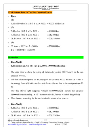 IN THE ALMIGHTY GOD NAME
Through the Mother of God mediation
I do this research
Gerges Francis Tawdrous/
2nd
Course student – physics Faculty – People's Friendship University – Moscow –Russia..
mrwaheid1@yahoo.com mrwaheid@gmail.com +201022532292
255
F-3-ii Saturn Role In The Sun Creation Process
- Data
- (1)
- 1.16 million km /s x 10.7 h x 2 x 3600 s = 90000 million km
- (2)
- 5.4 km/s x 10.7 h x 2 x 3600 s = 416000 km
- 4.7 km/s x 10.7 h x 2 x 3600 s = 362100 km
- 29.8 km/s x 10.7 h x 2 x 3600 s = 2295792 km
- (3)
- 35 km/s x 10.7 h x 2 x 3600 s = 2700000 km
- But (103944/2.7) = (38500)
Discussion
- Data No (1)
- 1.16 million km /s x 10.7 h x 2 x 3600 s = 90000 million km
- The data tries to show the using of Saturn day period (10.7 hours) in the sun
creation process.
- The sun creation depends on the energy of the distance 90000 million km – this is
the energy from which the sun be created – we discuss that in the next point no. (F-
5)
- The data shows light supposed velocity (1160000km/s) travels this distance
90000millionkm during 2 x 10.7 hours (where 10.7 hours = Saturn day period)
- That shows clear using for Saturn data in the sun creation process
- Data No (2)
- 5.4 km/s x 10.7 h x 2 x 3600 s = 416000 km
- 4.7 km/s x 10.7 h x 2 x 3600 s = 362100 km
- 29.8 km/s x 10.7 h x 2 x 3600 s = 2295792 km
 