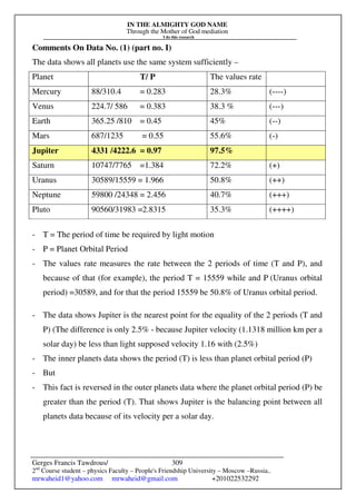 IN THE ALMIGHTY GOD NAME
Through the Mother of God mediation
I do this research
Gerges Francis Tawdrous/
2nd
Course student – physics Faculty – People's Friendship University – Moscow –Russia..
mrwaheid1@yahoo.com mrwaheid@gmail.com +201022532292
309
Comments On Data No. (1) (part no. I)
The data shows all planets use the same system sufficiently –
Planet T/ P The values rate
Mercury 88/310.4 = 0.283 28.3% (----)
Venus 224.7/ 586 = 0.383 38.3 % (---)
Earth 365.25 /810 = 0.45 45% (--)
Mars 687/1235 = 0.55 55.6% (-)
Jupiter 4331 /4222.6 = 0.97 97.5%
Saturn 10747/7765 =1.384 72.2% (+)
Uranus 30589/15559 = 1.966 50.8% (++)
Neptune 59800 /24348 = 2.456 40.7% (+++)
Pluto 90560/31983 =2.8315 35.3% (++++)
- T = The period of time be required by light motion
- P = Planet Orbital Period
- The values rate measures the rate between the 2 periods of time (T and P), and
because of that (for example), the period T = 15559 while and P (Uranus orbital
period) =30589, and for that the period 15559 be 50.8% of Uranus orbital period.
- The data shows Jupiter is the nearest point for the equality of the 2 periods (T and
P) (The difference is only 2.5% - because Jupiter velocity (1.1318 million km per a
solar day) be less than light supposed velocity 1.16 with (2.5%)
- The inner planets data shows the period (T) is less than planet orbital period (P)
- But
- This fact is reversed in the outer planets data where the planet orbital period (P) be
greater than the period (T). That shows Jupiter is the balancing point between all
planets data because of its velocity per a solar day.
 