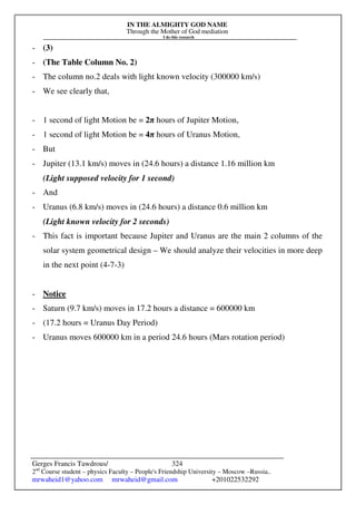 IN THE ALMIGHTY GOD NAME
Through the Mother of God mediation
I do this research
Gerges Francis Tawdrous/
2nd
Course student – physics Faculty – People's Friendship University – Moscow –Russia..
mrwaheid1@yahoo.com mrwaheid@gmail.com +201022532292
324
- (3)
- (The Table Column No. 2)
- The column no.2 deals with light known velocity (300000 km/s)
- We see clearly that,
- 1 second of light Motion be = 2π hours of Jupiter Motion,
- 1 second of light Motion be = 4π hours of Uranus Motion,
- But
- Jupiter (13.1 km/s) moves in (24.6 hours) a distance 1.16 million km
(Light supposed velocity for 1 second)
- And
- Uranus (6.8 km/s) moves in (24.6 hours) a distance 0.6 million km
(Light known velocity for 2 seconds)
- This fact is important because Jupiter and Uranus are the main 2 columns of the
solar system geometrical design – We should analyze their velocities in more deep
in the next point (4-7-3)
- Notice
- Saturn (9.7 km/s) moves in 17.2 hours a distance = 600000 km
- (17.2 hours = Uranus Day Period)
- Uranus moves 600000 km in a period 24.6 hours (Mars rotation period)
 