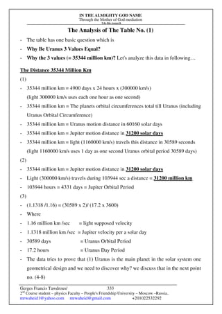 IN THE ALMIGHTY GOD NAME
Through the Mother of God mediation
I do this research
Gerges Francis Tawdrous/
2nd
Course student – physics Faculty – People's Friendship University – Moscow –Russia..
mrwaheid1@yahoo.com mrwaheid@gmail.com +201022532292
333
The Analysis of The Table No. (1)
- The table has one basic question which is
- Why Be Uranus 3 Values Equal?
- Why the 3 values (= 35344 million km)? Let's analyze this data in following…
The Distance 35344 Million Km
(1)
- 35344 million km = 4900 days x 24 hours x (300000 km/s)
(light 300000 km/s uses each one hour as one second)
- 35344 million km = The planets orbital circumferences total till Uranus (including
Uranus Orbital Circumference)
- 35344 million km = Uranus motion distance in 60160 solar days
- 35344 million km = Jupiter motion distance in 31200 solar days
- 35344 million km = light (1160000 km/s) travels this distance in 30589 seconds
(light 1160000 km/s uses 1 day as one second Uranus orbital period 30589 days)
(2)
- 35344 million km = Jupiter motion distance in 31200 solar days
- Light (300000 km/s) travels during 103944 sec a distance = 31200 million km
- 103944 hours = 4331 days = Jupiter Orbital Period
(3)
- (1.1318 /1.16) = (30589 x 2)/ (17.2 x 3600)
- Where
- 1.16 million km /sec = light supposed velocity
- 1.1318 million km /sec = Jupiter velocity per a solar day
- 30589 days = Uranus Orbital Period
- 17.2 hours = Uranus Day Period
- The data tries to prove that (1) Uranus is the main planet in the solar system one
geometrical design and we need to discover why? we discuss that in the next point
no. (4-8)
 